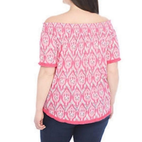 Crown & Ivy Modal Pink Ikat Off The Shoulder Fringe Hem Top 2X Vacation - Picture 2 of 12